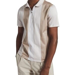 Reiss Men's Beige Owen Striped Zip Neck Cotton Polo Shirt Size XL